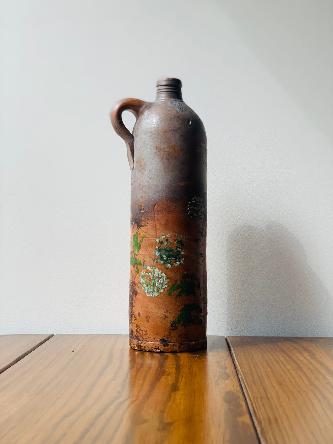 painted antique stoneware bottle, 1800s